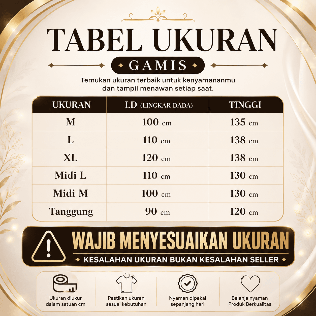 Tabel ukuran Gamis Ameera